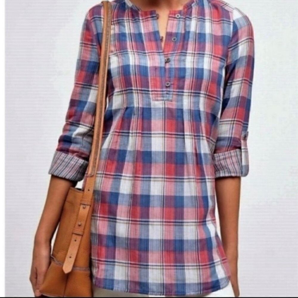 NWT Anthropologie Holding Horses Hi Lo Roll Tab Sleeve Plaid Tunic Size 4